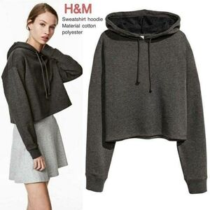 🆑️3/$15 H&M Women's Charcoal Gray Hoodie Crop Top SZ Small